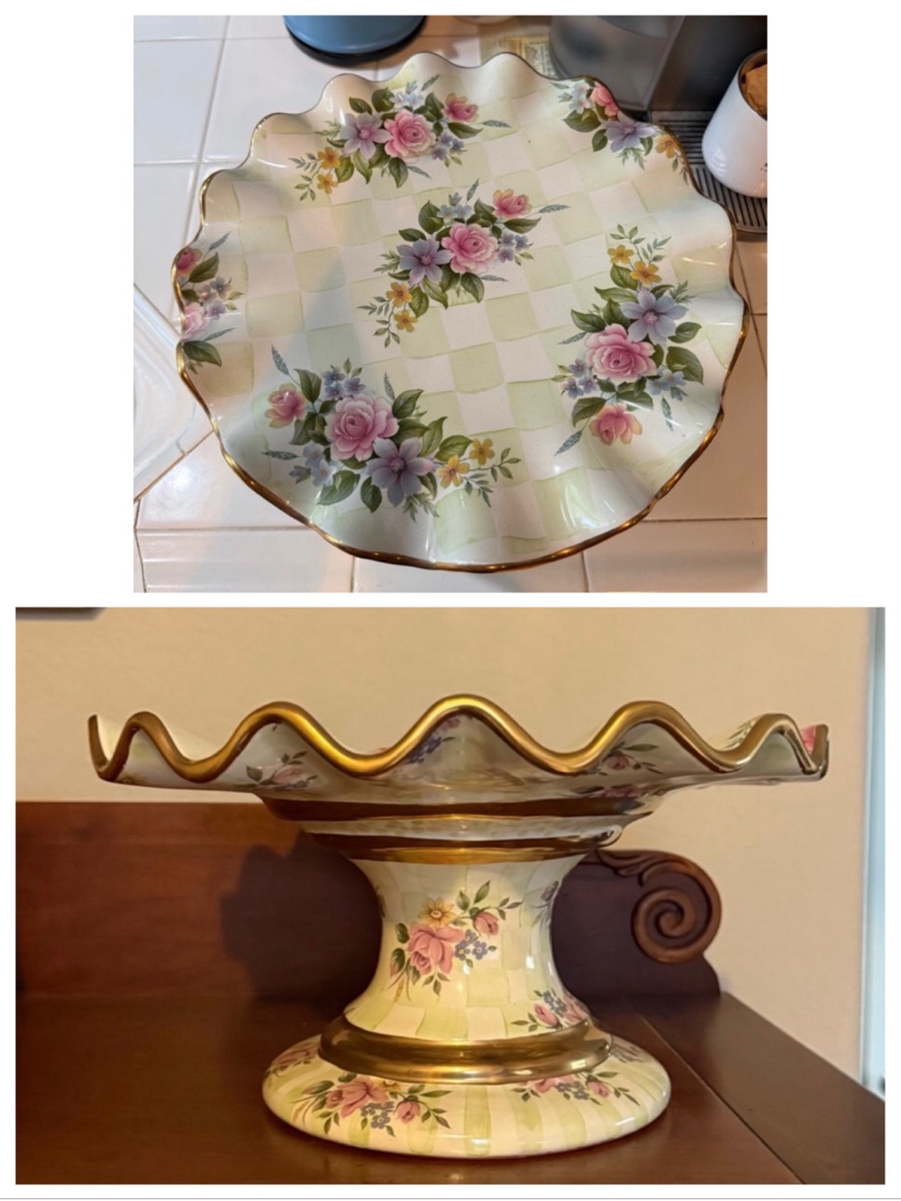Vintage MacKenzie-Childs Sweet Pea Honeymoon Yellow Check Cake Stand